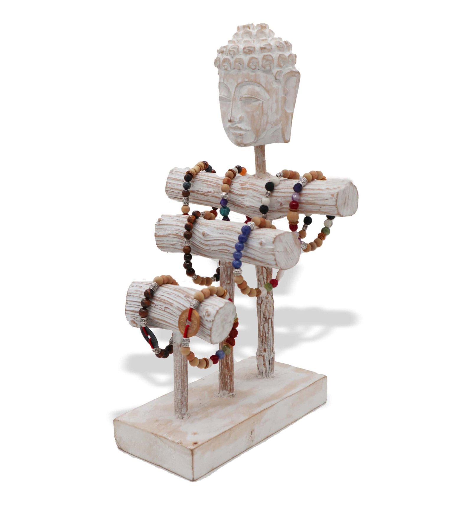 Elegant wooden Buddha head with colourful beaded bangles inspired by Tri Hita Karana philosophy.