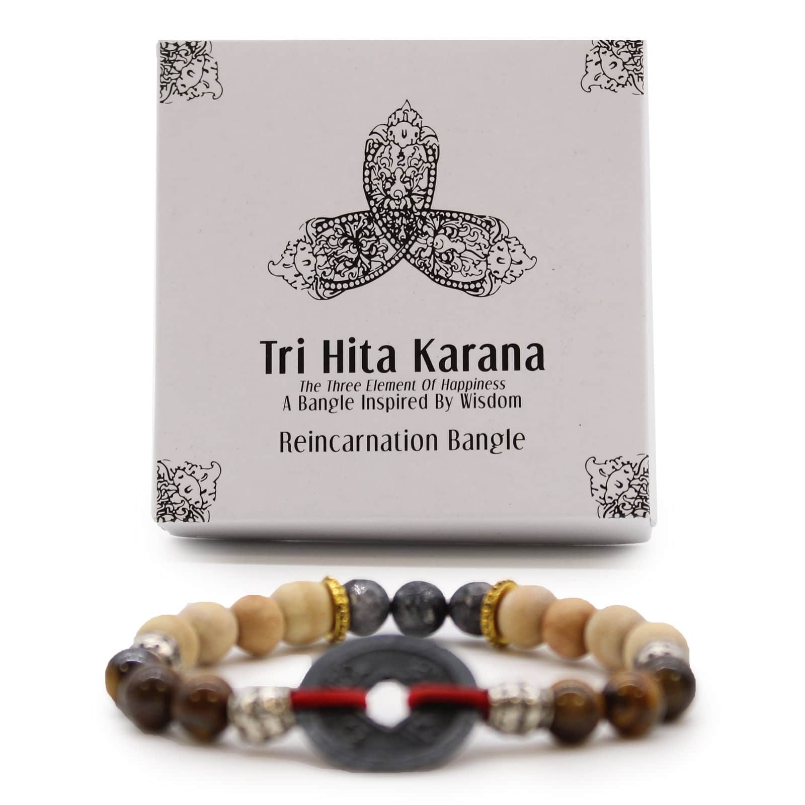 Elegant Tri Hita Karana inspired bracelet symbolising harmony and wisdom, crafted with natural beads and a central black stone, perfect for spiritual and cultural jewellery collections.