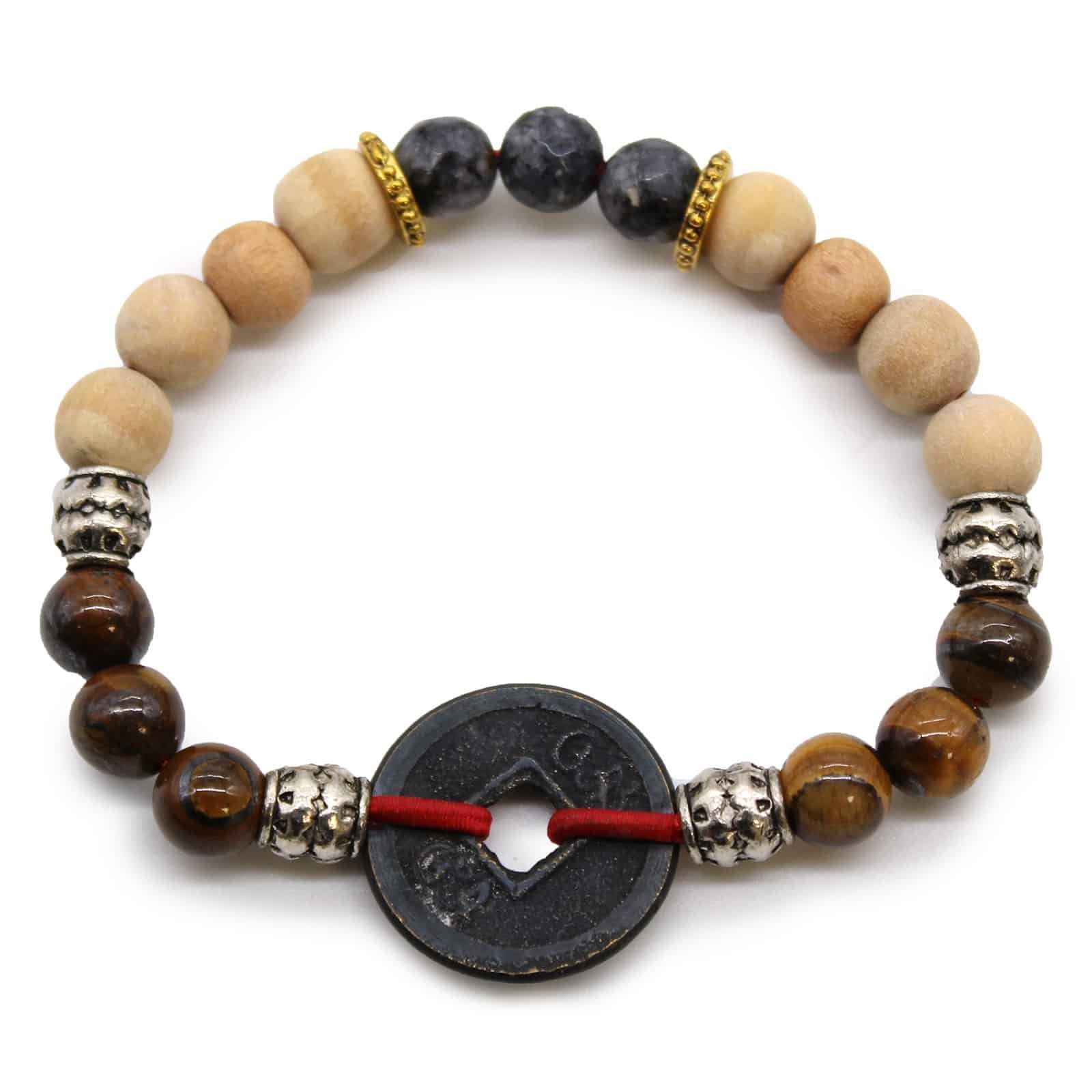 Elegant Tri Hita Karana bracelet featuring natural wooden and stone beads with symbolic silver accents, representing harmony and balance in life.
