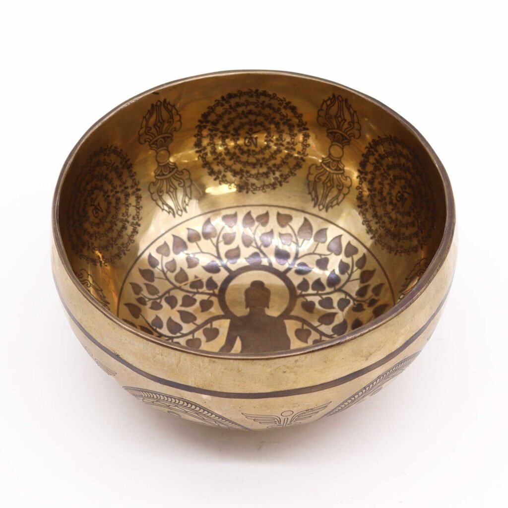 Premium Bodhi Tree Buddha Engraved Singing Bowl – 16cm, interior view
