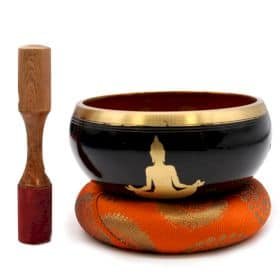 Buddha Singing Bowl Set- Black/Orange