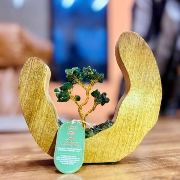Green gemstone wishing tree in a wooden circular holder, symbolising prosperity and personal growth, ideal as a thoughtful gift from Sunshine Gifts.