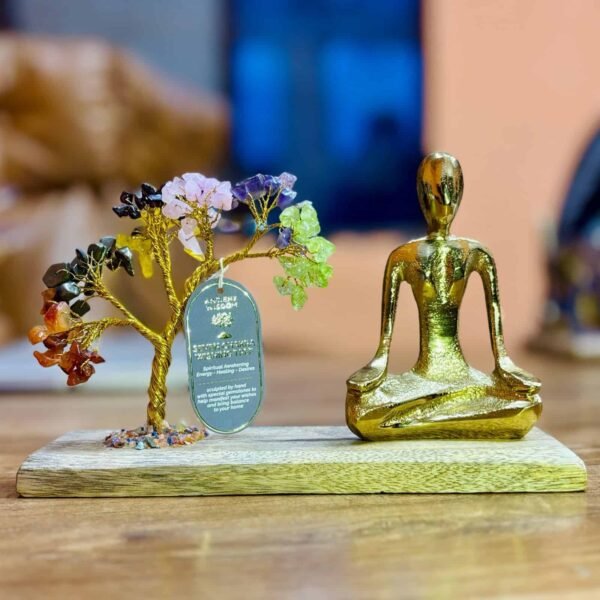 Colorful gemstone wire tree and golden Buddha figurine decor for home, mindfulness, spiritual gifts, relaxation, meditation, and positive energy, handcrafted ornament.