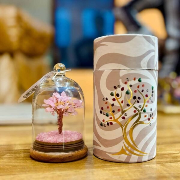 Delicate pink gemstone tree under glass dome with wooden base, perfect for gifts and home décor, available at Sunshine Gifts.