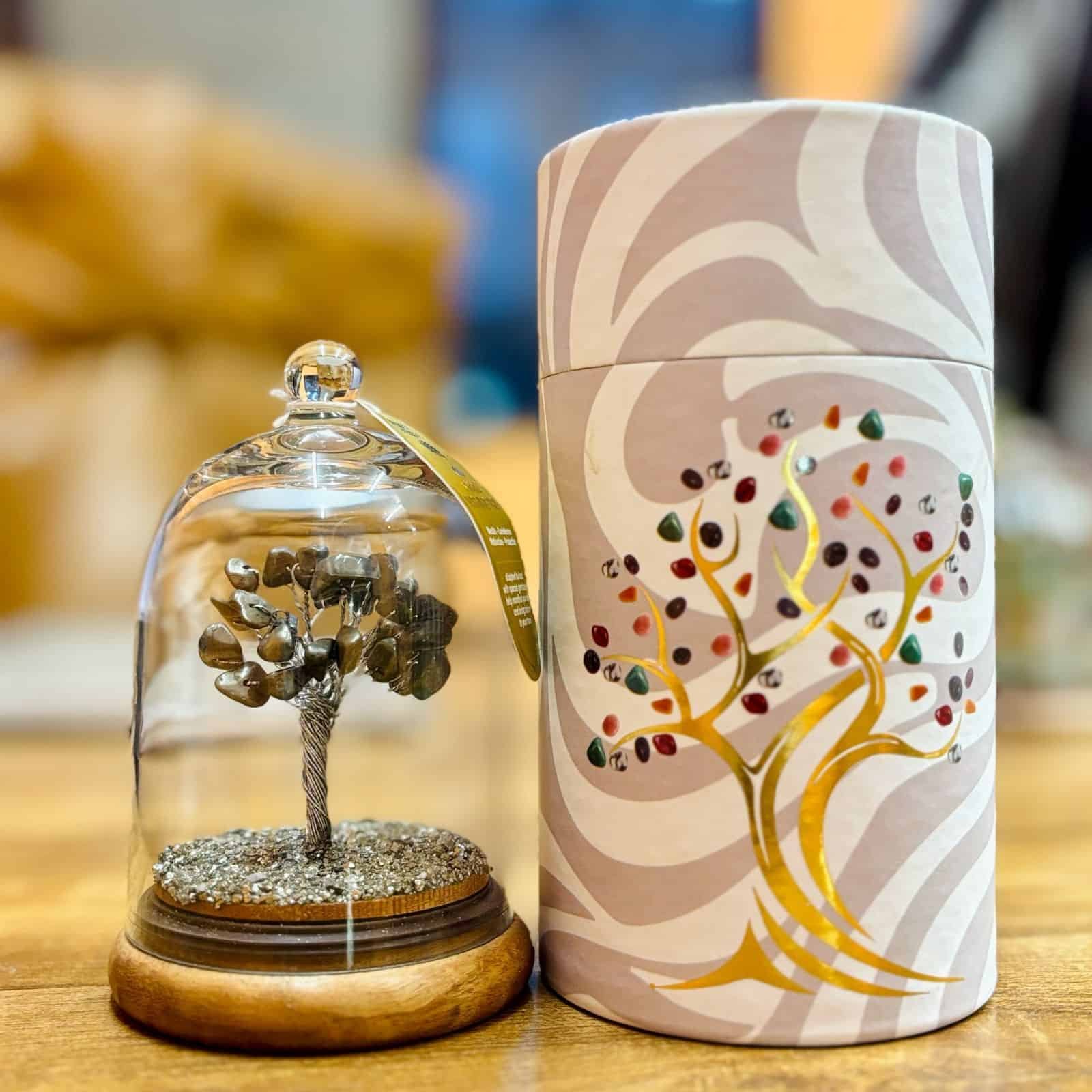 Brass diamond tree ornament under a glass dome with a decorative sun-shaped base; stylish gift idea from Sunshine Gifts for special occasions.