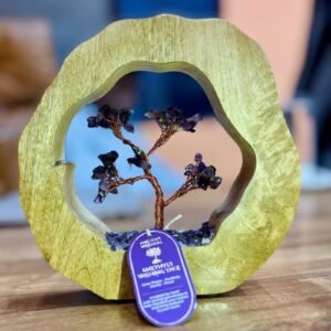 Deluxe amethyst wishing tree gemstone ornament inside a wood frame, perfect for spiritual gift-giving, healing, or as a decorative piece showcasing an intricate wire-wrapped gemstone tree.