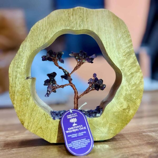 Deluxe amethyst wishing tree gemstone ornament inside a wood frame, perfect for spiritual gift-giving, healing, or as a decorative piece showcasing an intricate wire-wrapped gemstone tree.