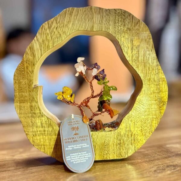 Deluxe gemstone wishing tree sculpture with colourful semi-precious stones on a wooden base, ideal for making wishes and bringing positive energy into your home. Perfect gift from Sunshine Gifts.