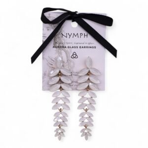 Elegant Aurora Glass Earrings, fluffy white leaf design, handmade jewellery, perfect gift for special occasions, crafted with high-quality glass, available at Sunshine Gifts UK.