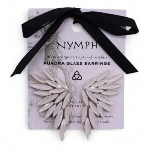 Shimmering white Aurora glass earrings with leaf-shaped design, presented on a decorative card with black ribbon, perfect for nature-inspired jewellery gifts and eco-conscious fashion accessories.