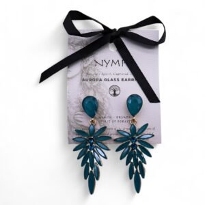 Vibrant blue Aurora glass earrings with a floral design, displayed on a gift card tied with a black ribbon, perfect for nature-inspired gift ideas from Sunshine Gifts.