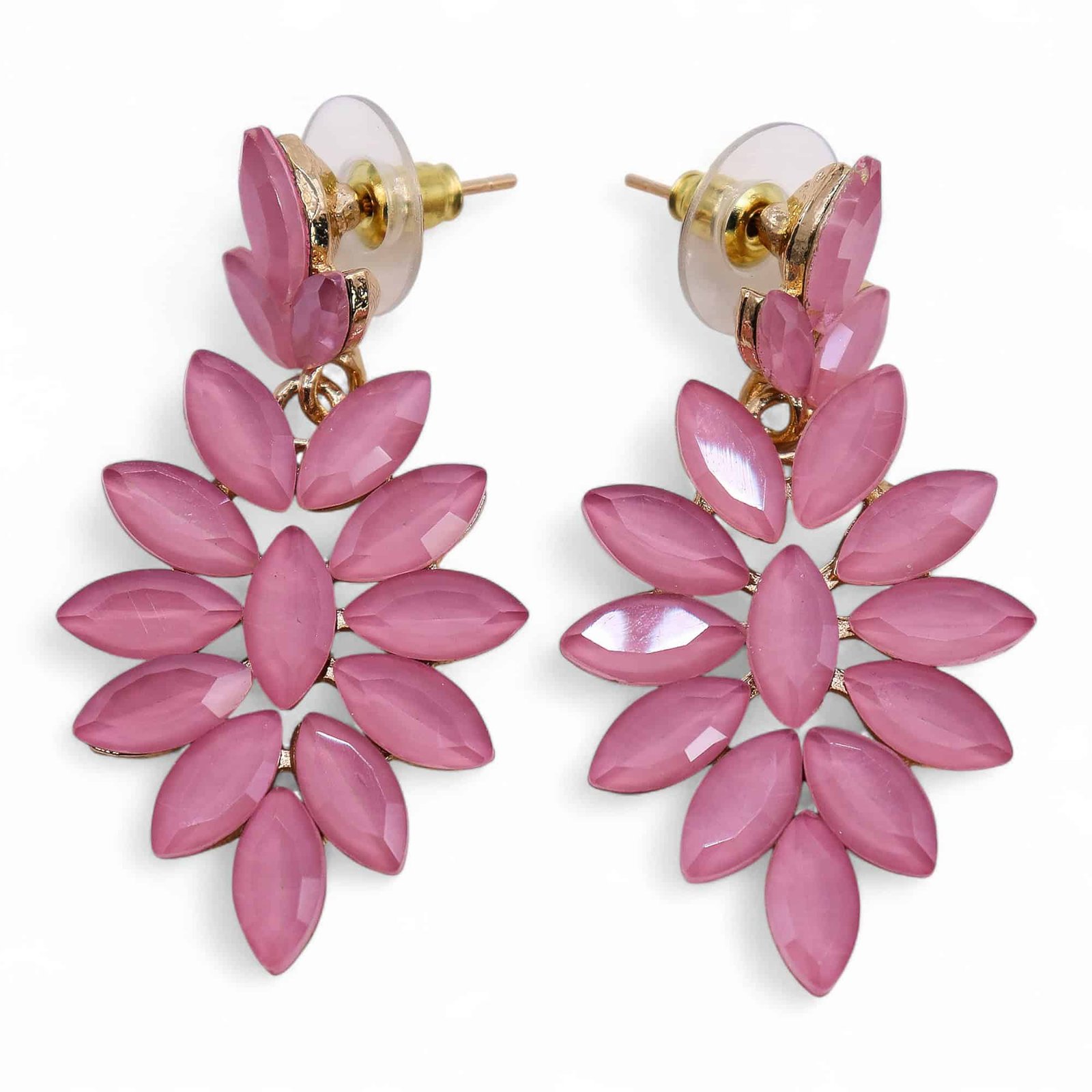 Pink flower-shaped stud earrings with gold accents and faceted pink stones, perfect for gift-giving and adding a touch of elegance. Ideal for special occasions or everyday wear.