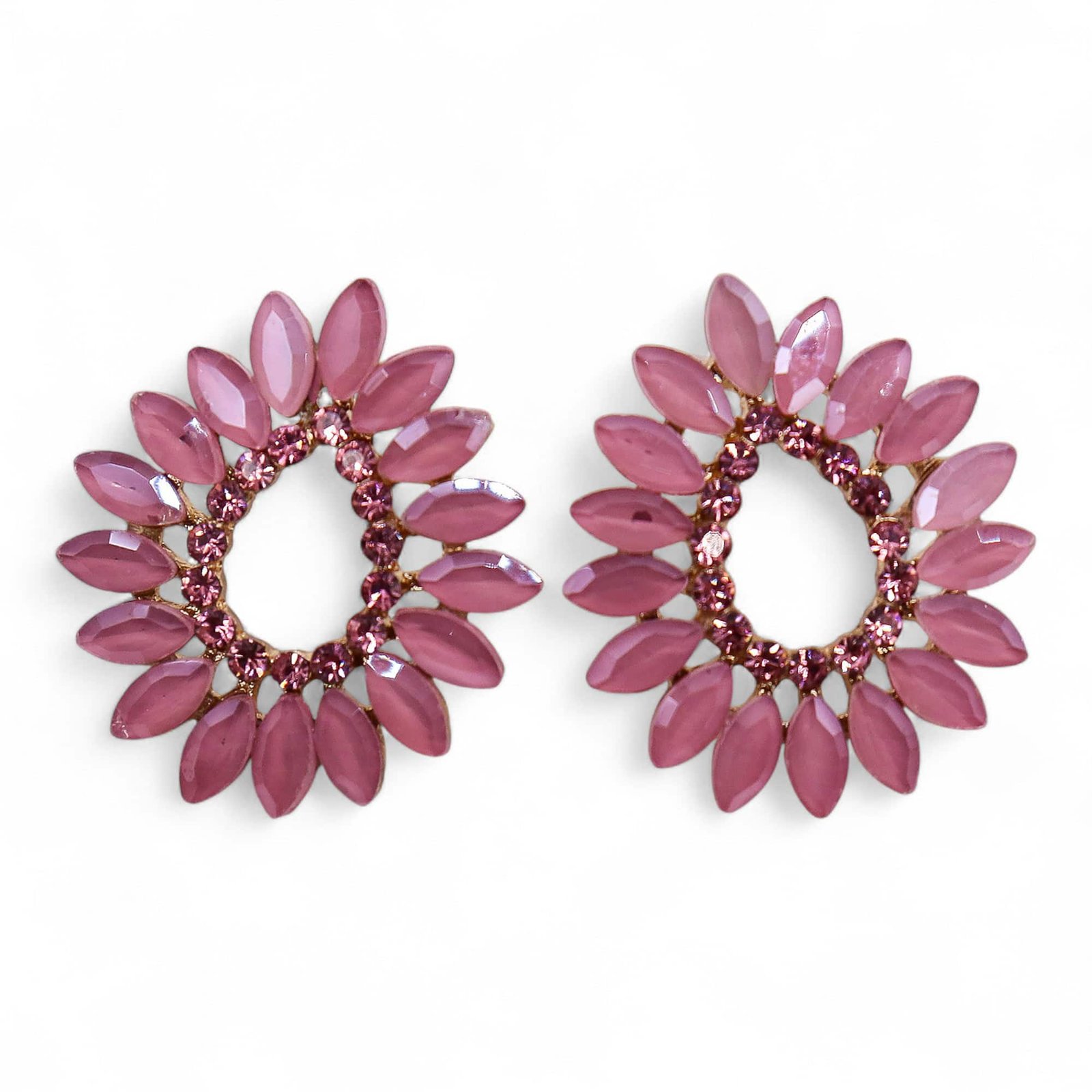 Pink floral statement earrings with sparkling crystal accents, perfect for gifts or special occasions. Stylish and eye-catching accessory from Sunshine Gifts UK.