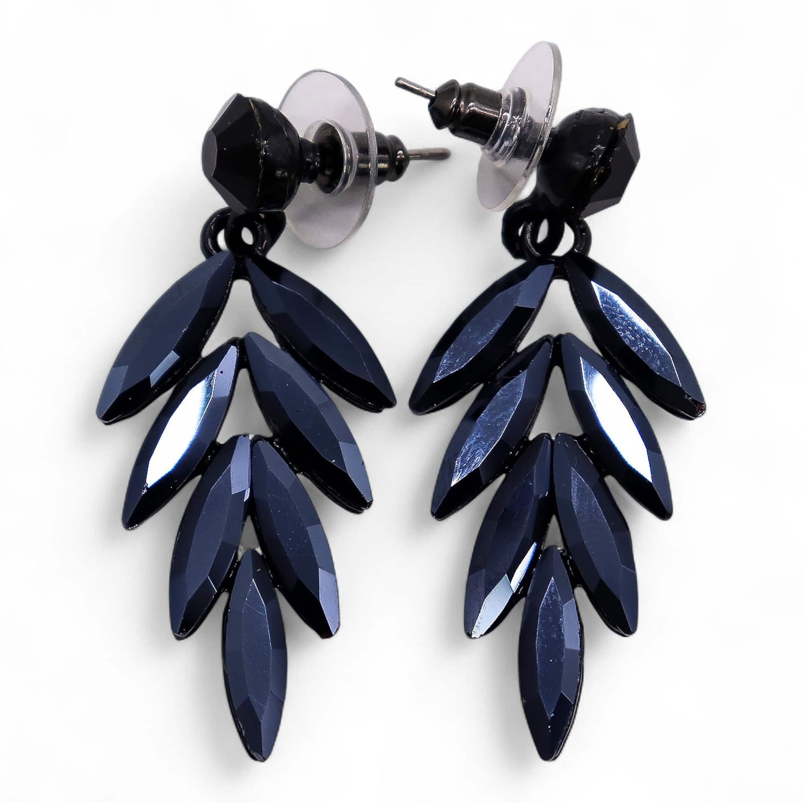 Elegant black and navy crystal leaf drop earrings, perfect for adding a stylish touch to any occasion or gift for special moments.