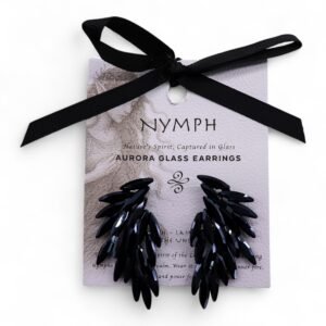 Black Aurora glass earrings with leaf design, elegant and shimmering jewelry gift idea for special occasions. Handmade glass earrings from Sunshine Gifts, perfect for stylish accessories.
