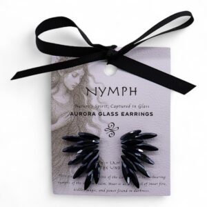 Black aurora glass earrings with feather design on jewelry card. Perfect gift for nature lovers, night sky enthusiasts, or boho style accessories, crafted with artistic detail and elegant finish.