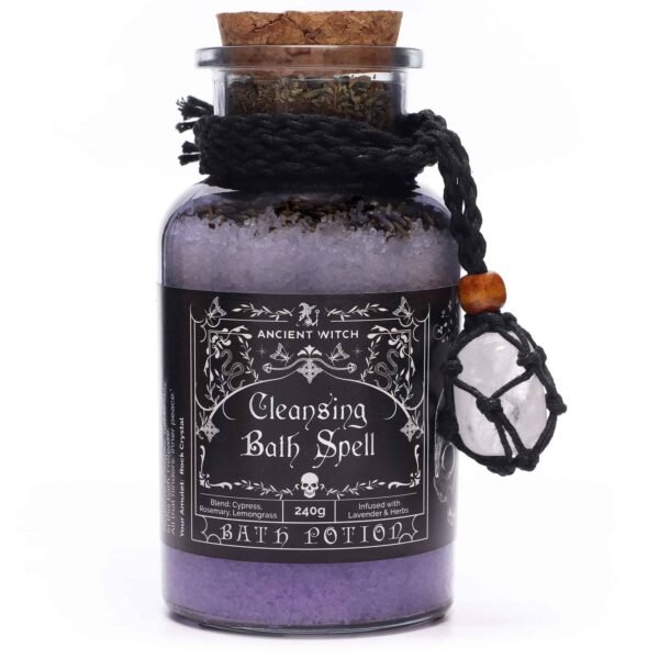 Rich black herbal cleansing bath spell with essential oils, handcrafted in a glass jar with a mystical cord and crystal pendant, perfect for spiritual cleansing and relaxation.
