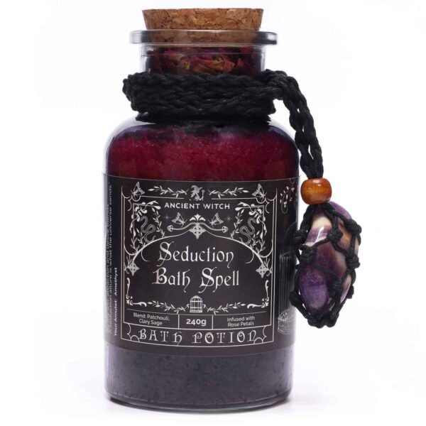 Lavender and rose petal bath spell in a glass jar with black lace decoration and amethyst crystal, perfect for relaxation and magic.