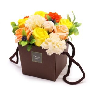 Vibrant artificial flower arrangement in a gift box, featuring roses, carnations, and greenery, ideal for birthdays, anniversaries, and expressions of love or appreciation.