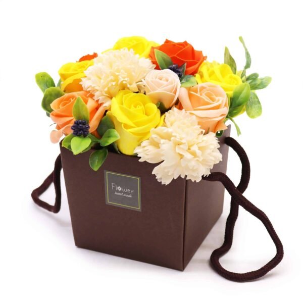 Vibrant artificial flower arrangement in a gift box, featuring roses, carnations, and greenery, ideal for birthdays, anniversaries, and expressions of love or appreciation.