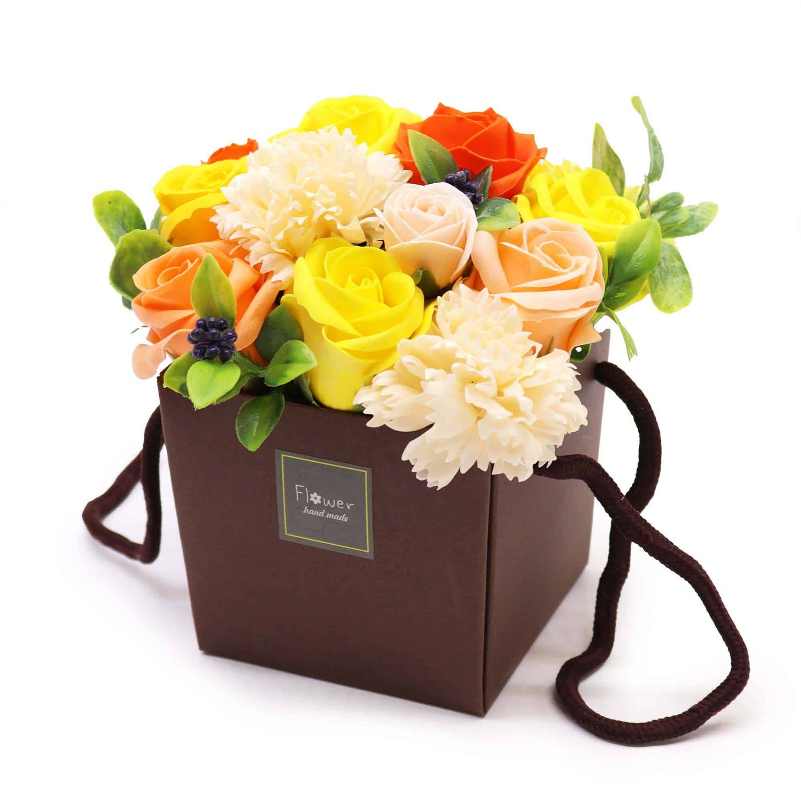 Vibrant artificial flower arrangement in a gift box, featuring roses, carnations, and greenery, ideal for birthdays, anniversaries, and expressions of love or appreciation.