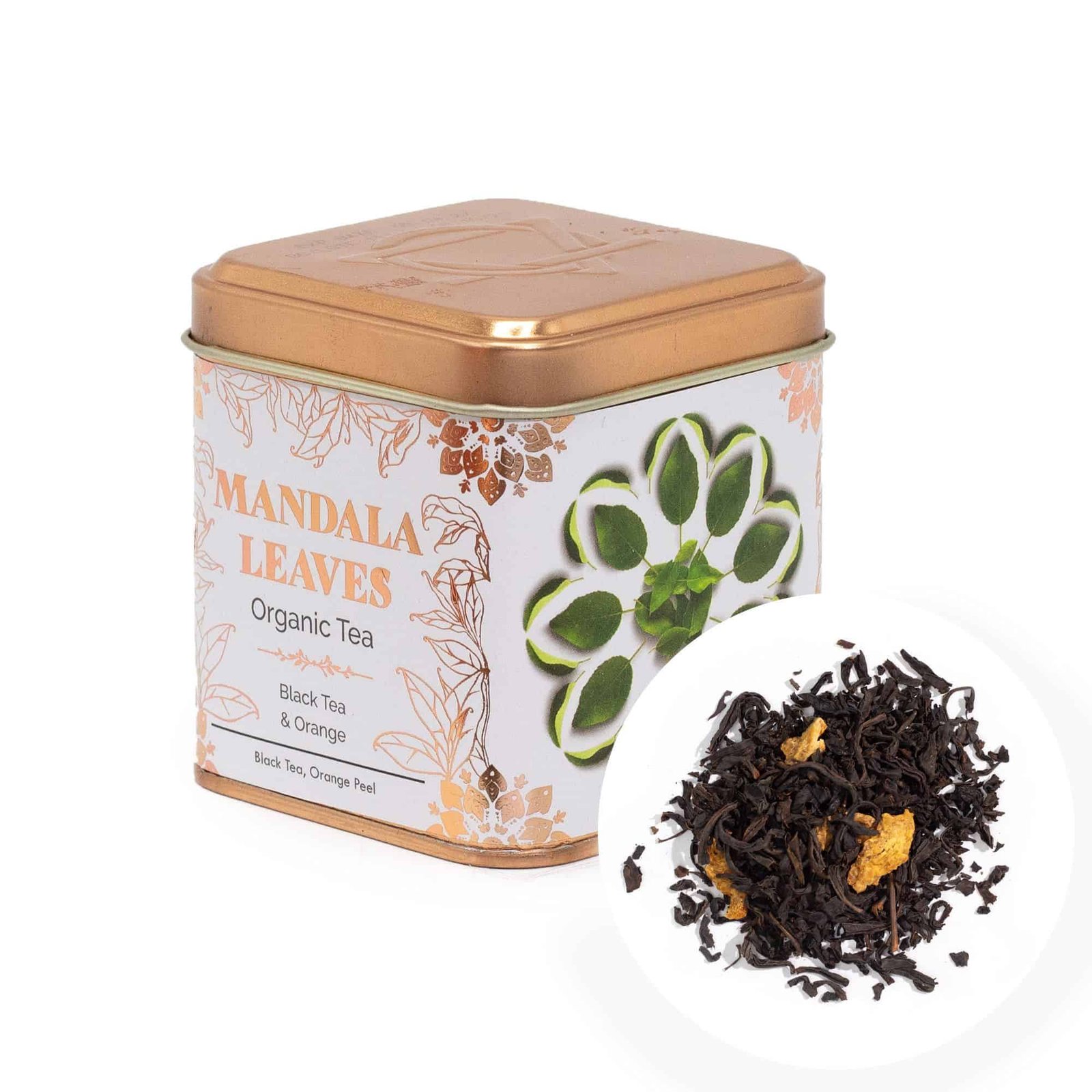 Organic Mandala Leaves Tea in decorative tin with loose black tea and orange peel, ideal for tea lovers and gift sets.