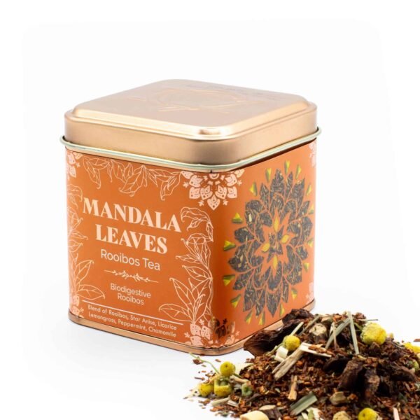 Decorative tin of Mandala Leaves Rooibos Tea with intricate mandala design, featuring organic rooibos tea blend with herbs and spices, ideal for tea lovers.