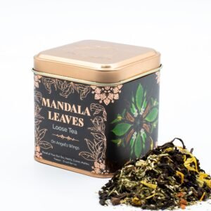 Elegant tin of Mandala Leaves loose tea featuring a floral design, perfect for tea lovers seeking a calming and aromatic beverage experience.