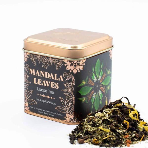 Elegant tin of Mandala Leaves loose tea featuring a floral design, perfect for tea lovers seeking a calming and aromatic beverage experience.