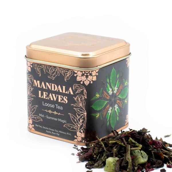 Loose tea in decorative tin with Mandala Leaves design, ideal for tea lovers.
