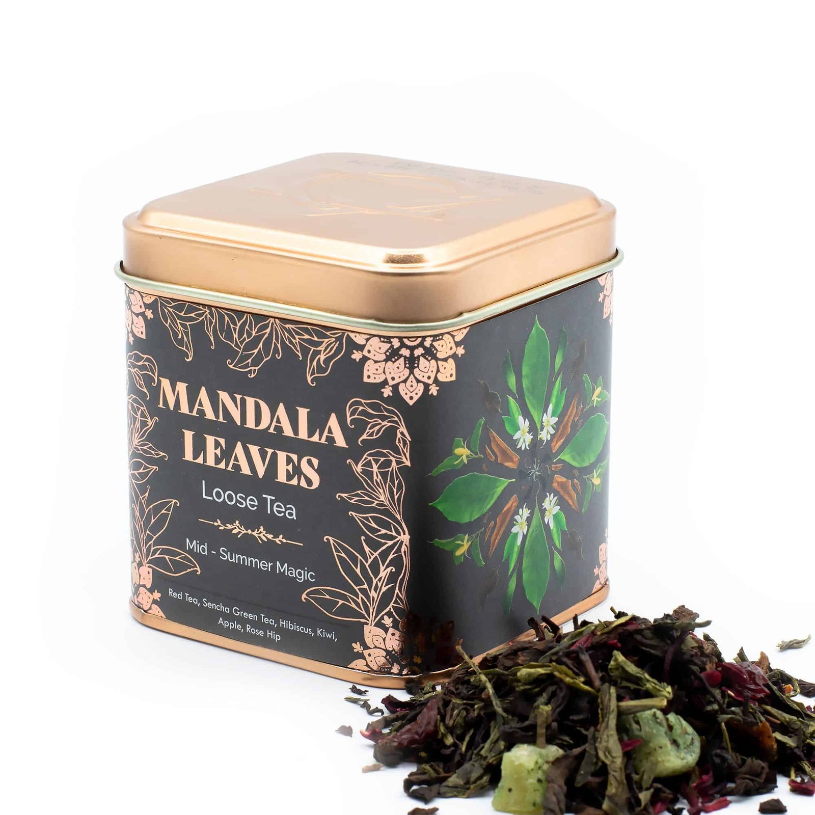 Loose tea in decorative tin with Mandala Leaves design, ideal for tea lovers.