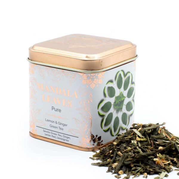 Premium Mandala Leaves green tea in a decorative tin, featuring lemon and ginger flavours, perfect for tea lovers seeking a refreshing and natural beverage.