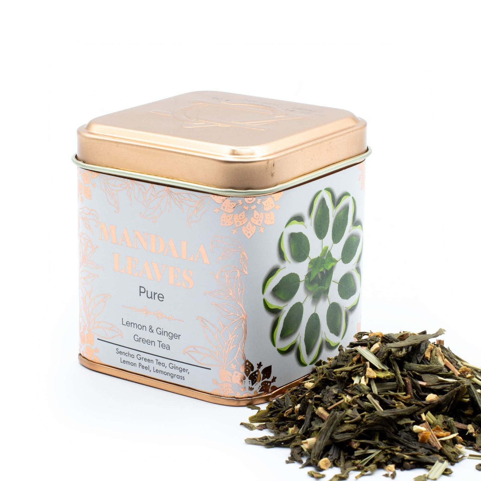 Premium Mandala Leaves green tea in a decorative tin, featuring lemon and ginger flavours, perfect for tea lovers seeking a refreshing and natural beverage.