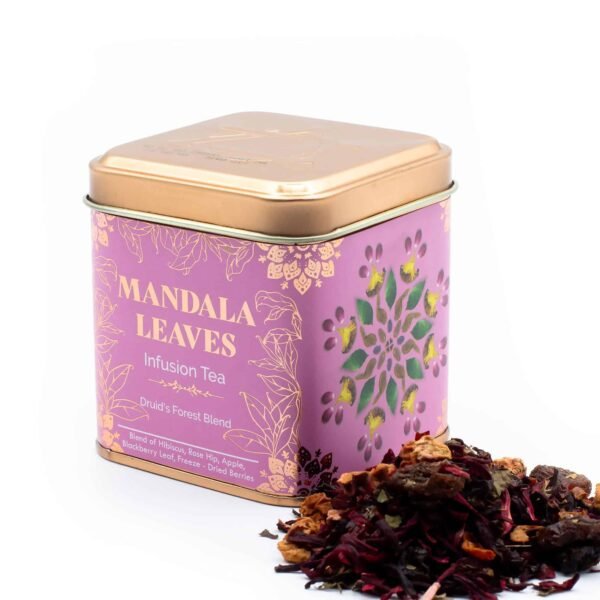 Decorative tin of Mandala Leaves Infusion Tea with dried tea leaves and fruit blend, ideal for gifting or personal use.
