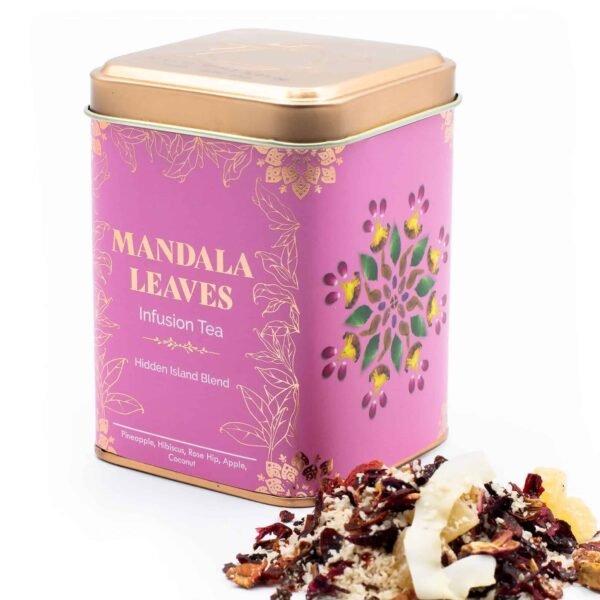 Decorative tin of Mandala Leaves Infusion Tea with floral design, featuring a blend of pineapple, hibiscus, rose hip, apple, and coconut, ideal for gift sets or tea lovers.