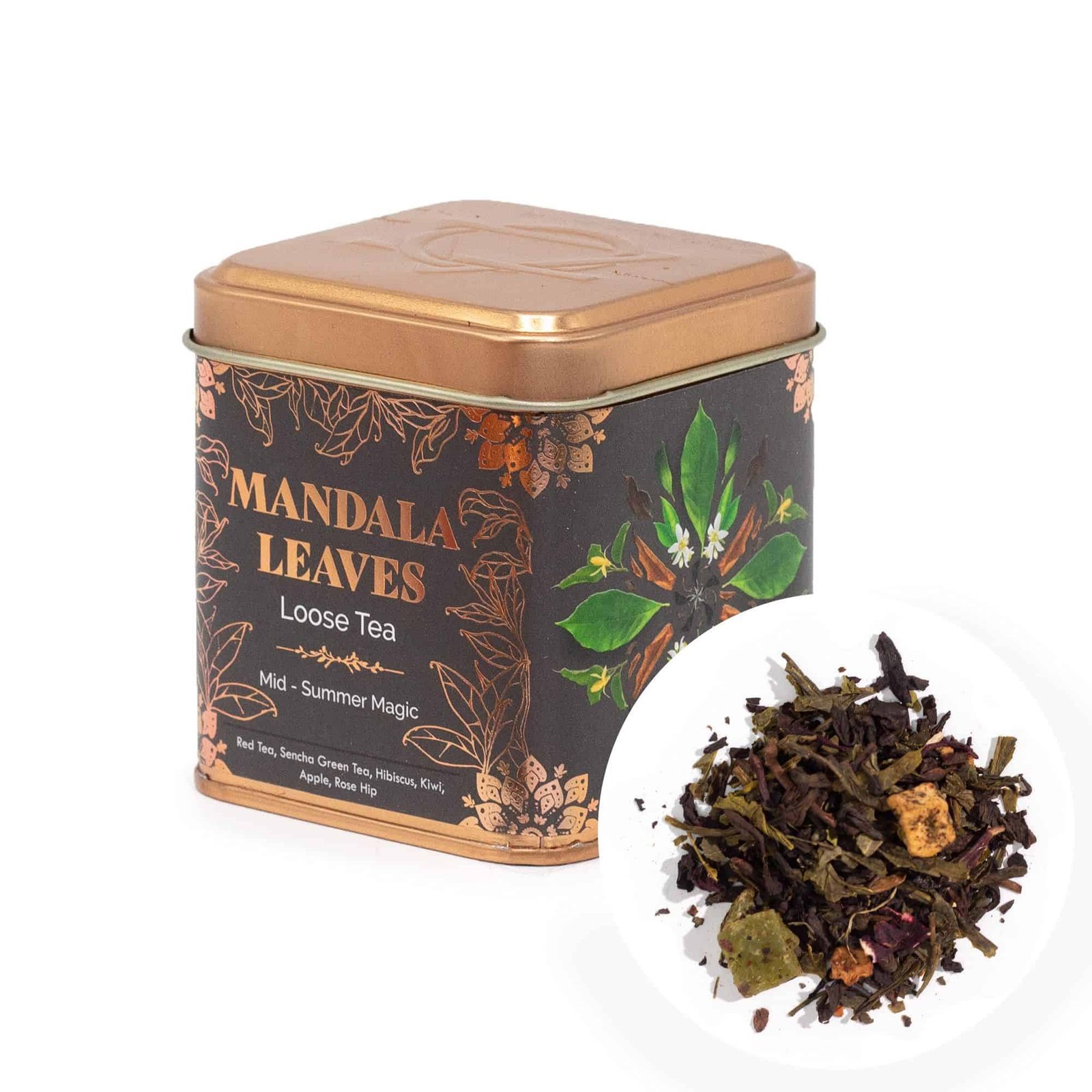Mandala Leaves loose tea in decorative tin with herbal tea blend including green tea, hibiscus, and apple, perfect for relaxing and refreshing beverages.