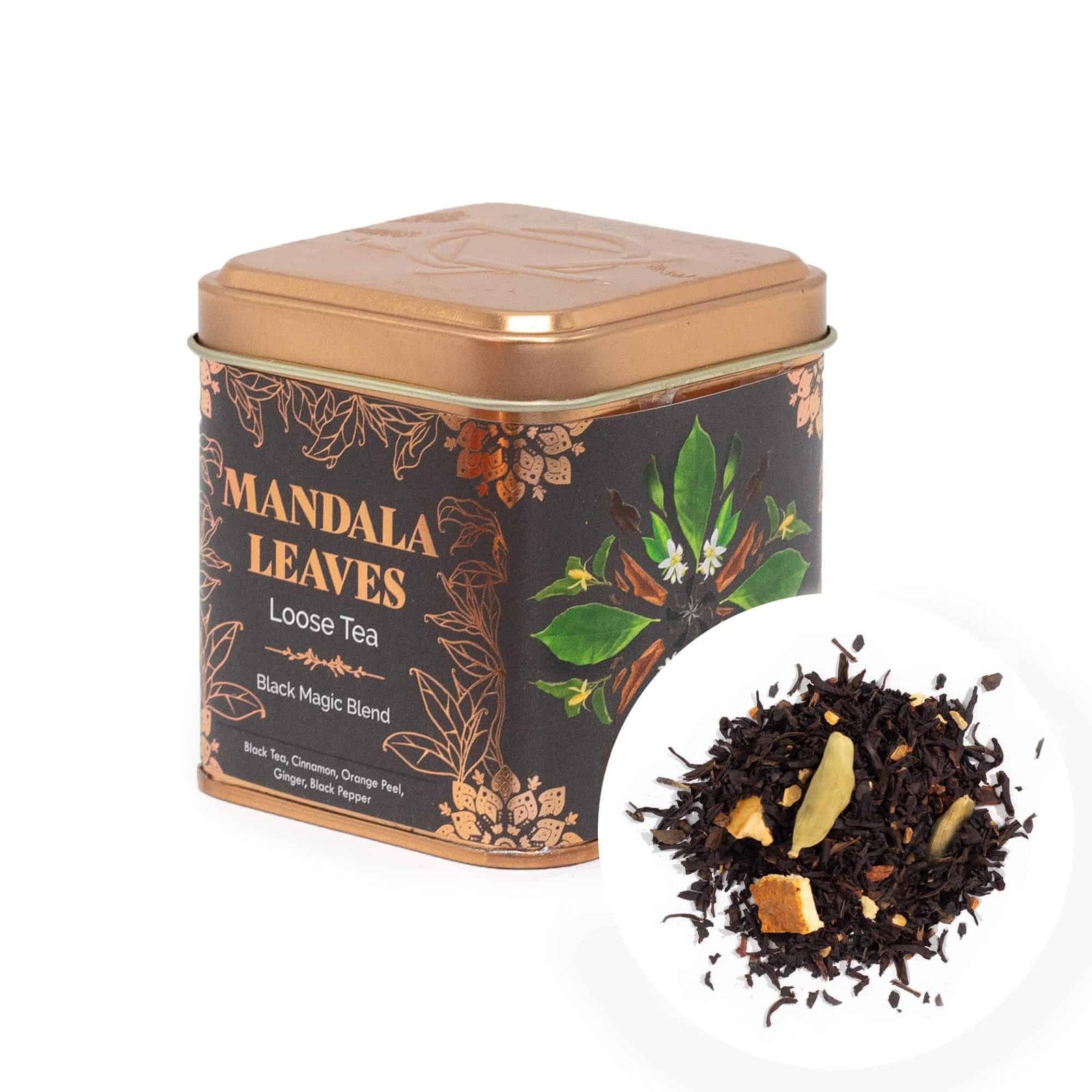 Decorative tin of Mandala Leaves loose tea with tea leaves and spices, ideal for tea lovers seeking a calming, aromatic beverage.