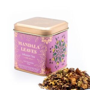 Elegant pink tin featuring mandala leaf design, ideal for storing herbal tea blends. Perfect for gifting or personal use, showcasing a calming and decorative aesthetic.