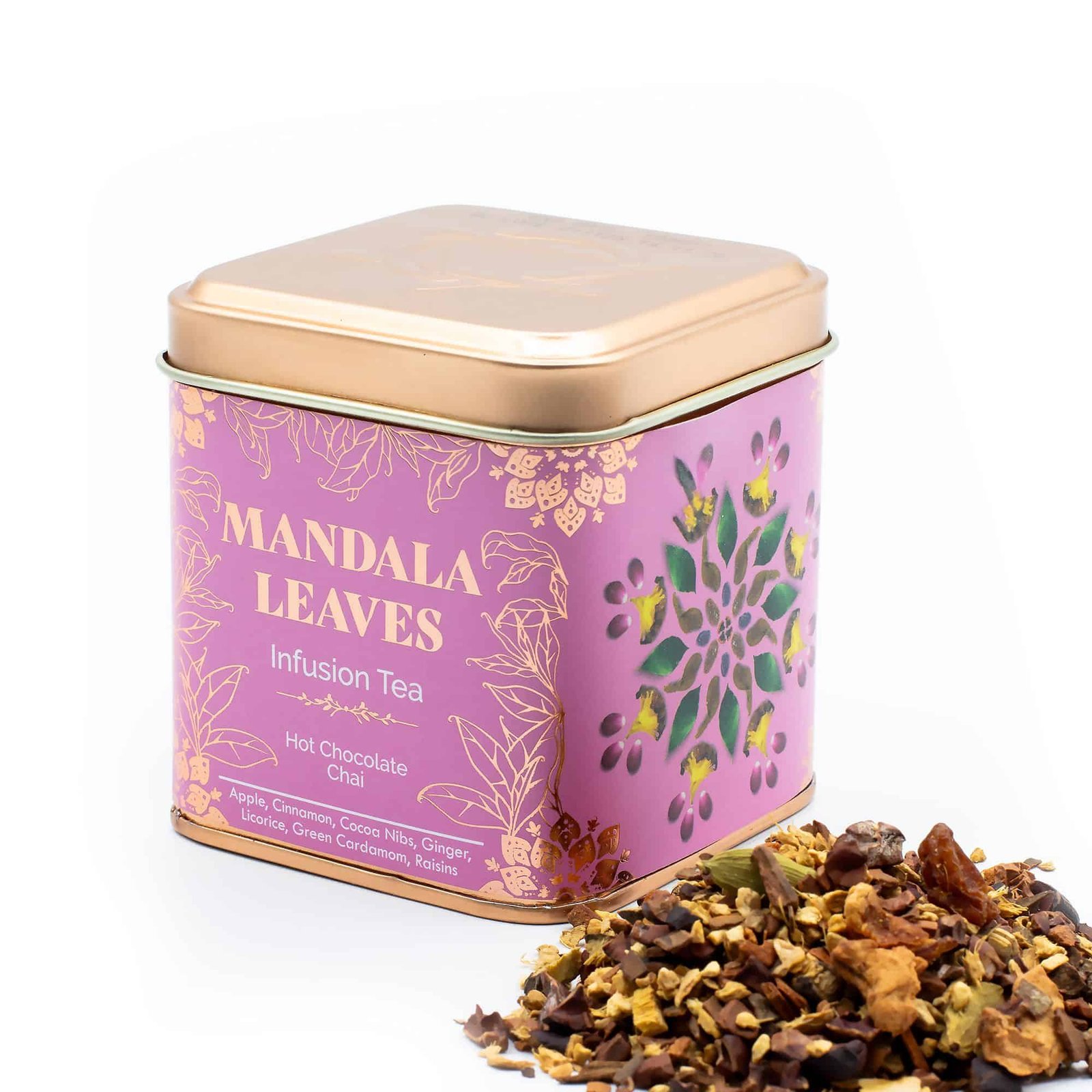 Elegant pink tin featuring mandala leaf design, ideal for storing herbal tea blends. Perfect for gifting or personal use, showcasing a calming and decorative aesthetic.
