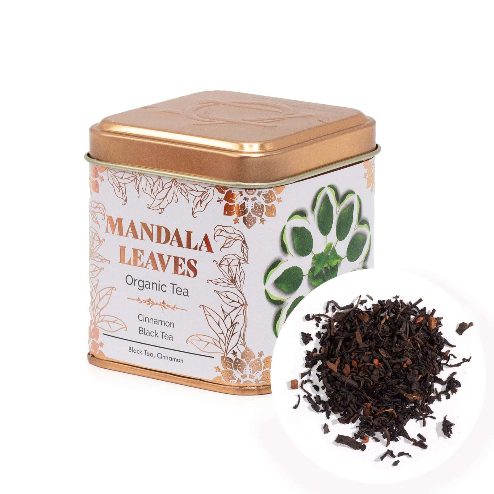 Organic Mandala Leaves tea in decorative tin with loose black tea and cinnamon. Perfect for tea lovers seeking a fragrant, high-quality herbal blend.