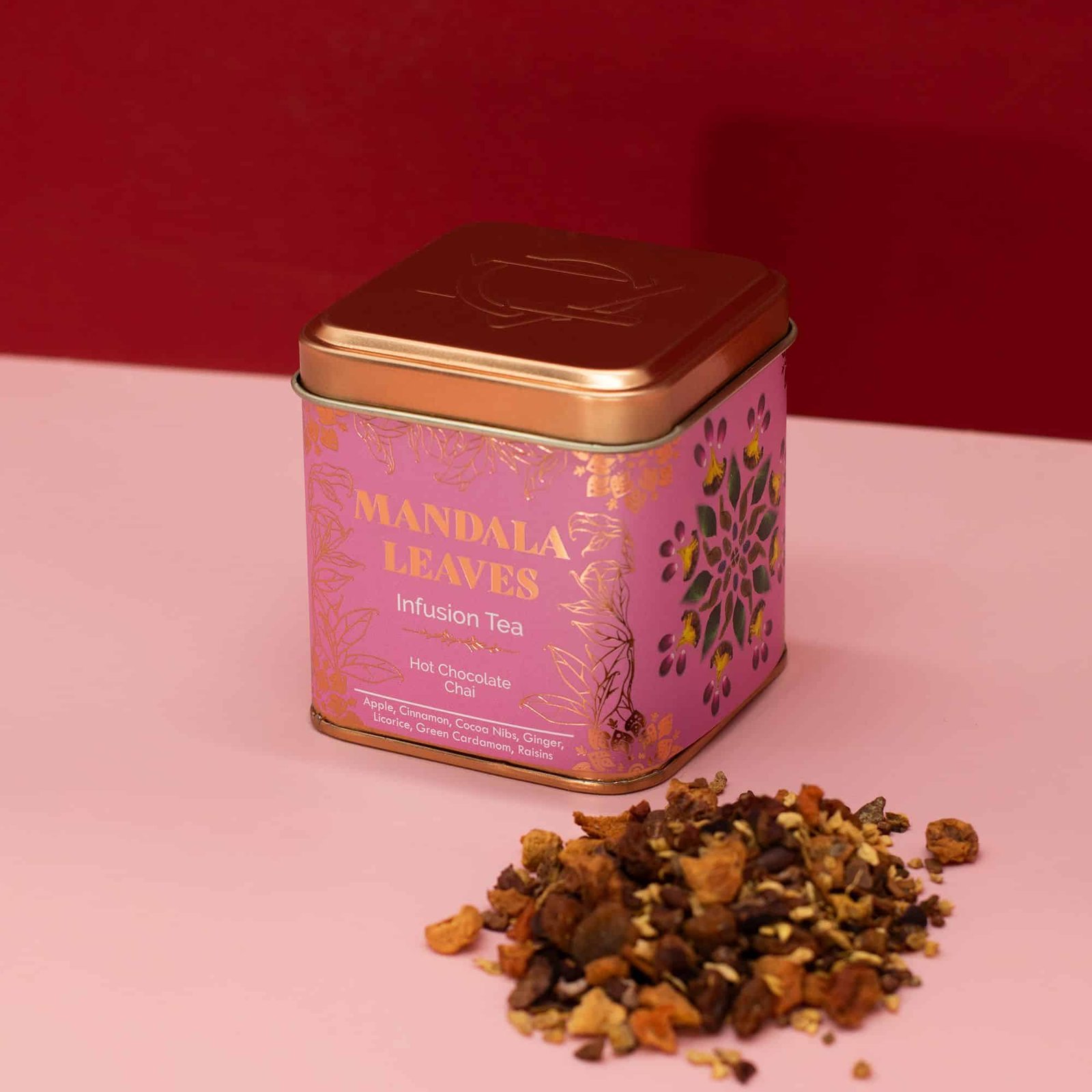 Mandala Leaves infusion tea tin with floral design and gold accents, featuring a blend of herbal and chocolate flavours. Perfect for tea lovers seeking a calming, aromatic experience.