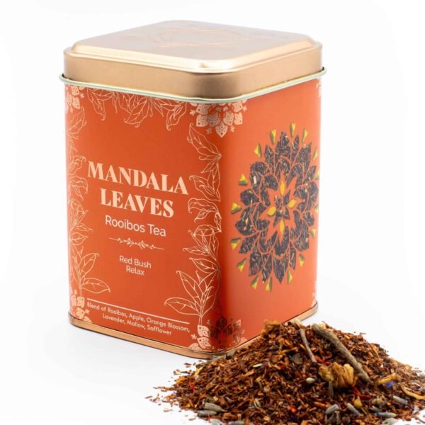 Decorative tin of Mandala Leaves Rooibos Tea with vibrant mandala design, featuring red bush relax blend, perfect for tea lovers seeking calming herbal infusions.