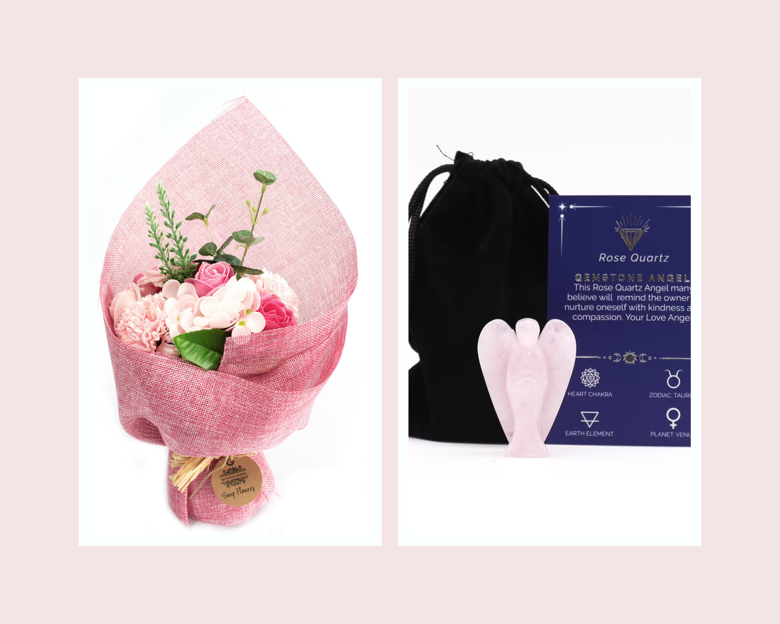 Christening gift for a girl with pink soap flower bouquet and rose quartz gemstone angel