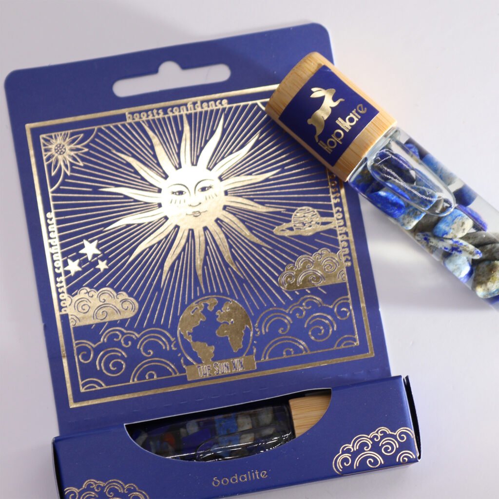 Hop Hare The Sun aromatherapy roll-on with Sodalite gemstone and tarot-inspired gift box